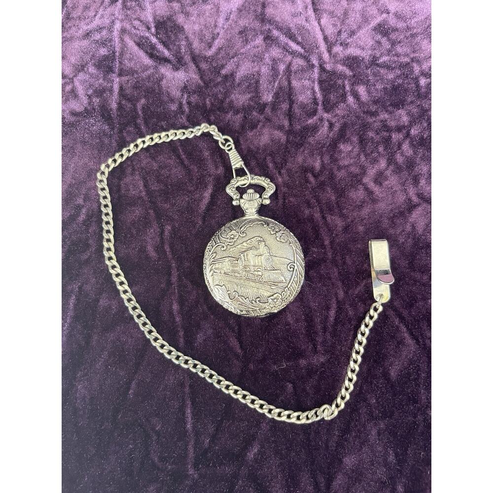 Milan Quartz Locomotive Train Pocket Watch Silver Tone Japan